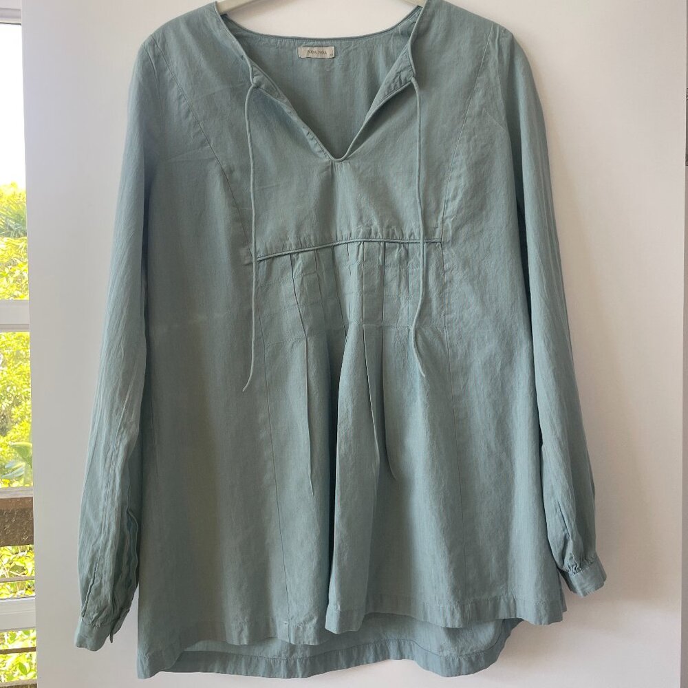 Noa Noa Front Pleated‎ Peasant Blouse in Blue and Gray, Size XS